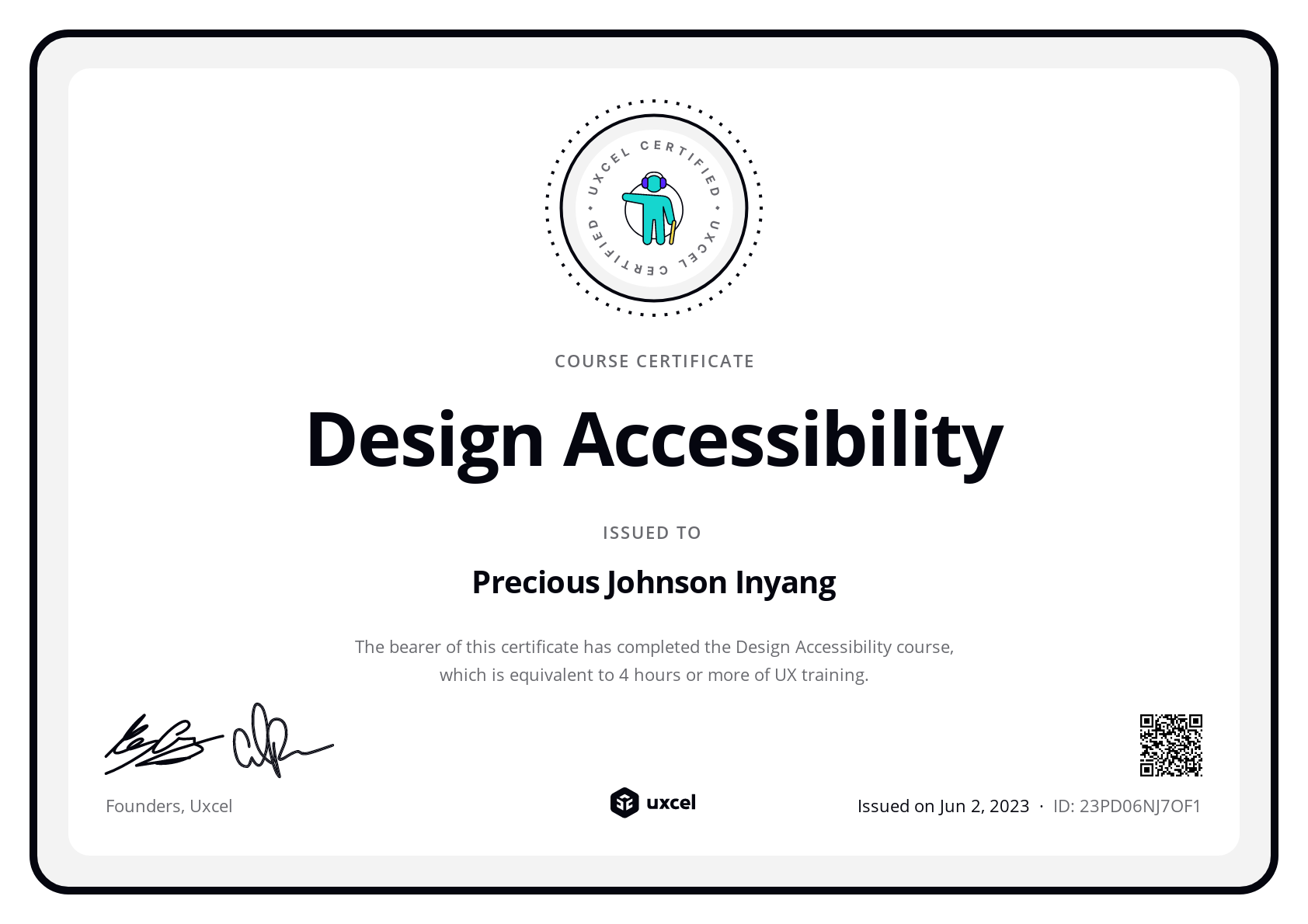 Precious Johnson Inyang's certificate